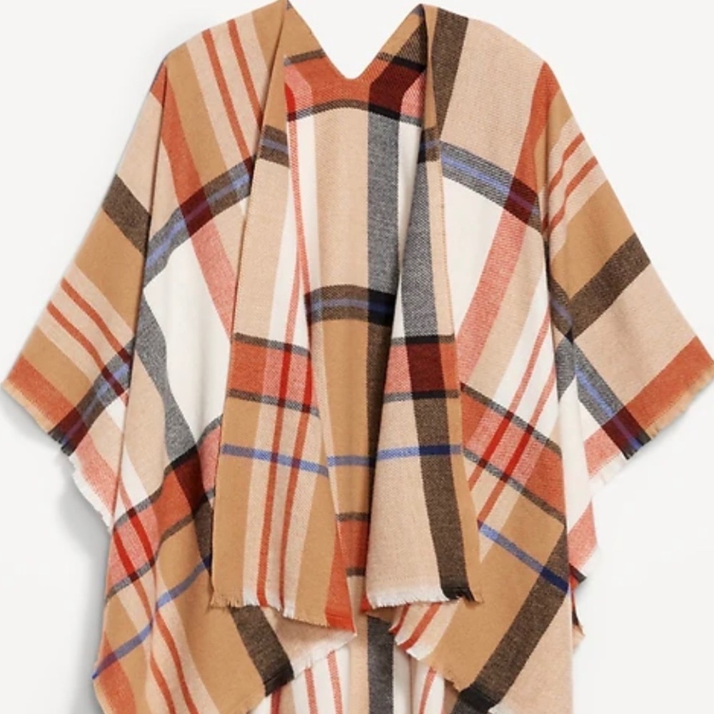 Old Navy Flannel Plaid Open Front Fringe Poncho - Picture 9 of 9